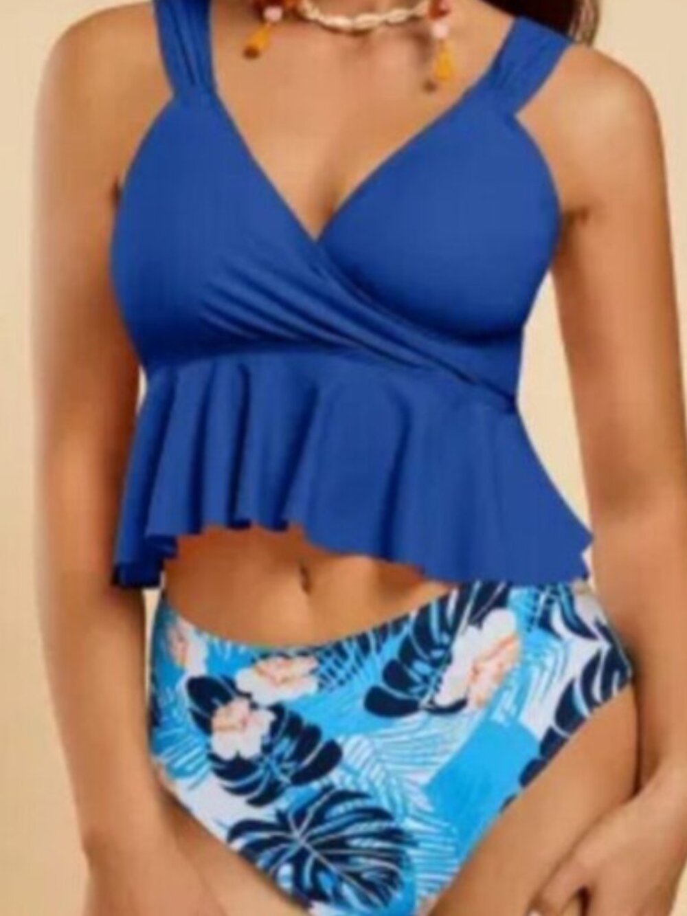 Cute Two Piece Bikini Solid Blue Color Top With Ruffles,Tropical Pattern Bottoms